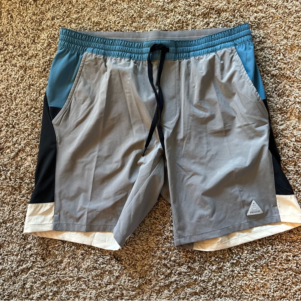 686 Men's Gray Athletic Shorts with Blue and Black Panels